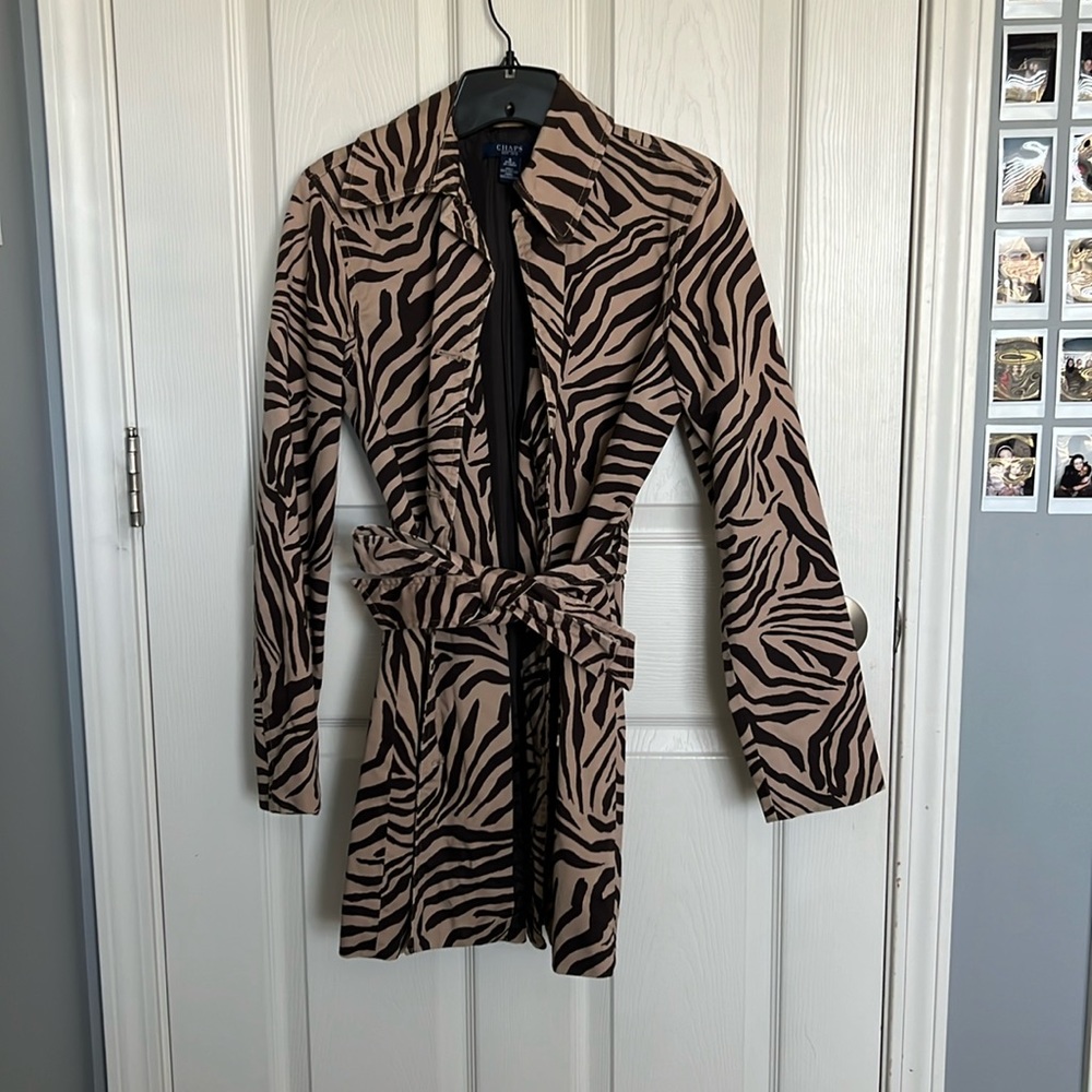 $120 Chaps by Ralph Lauren 3/4 Length Coat Khaki Brown Animal Print S